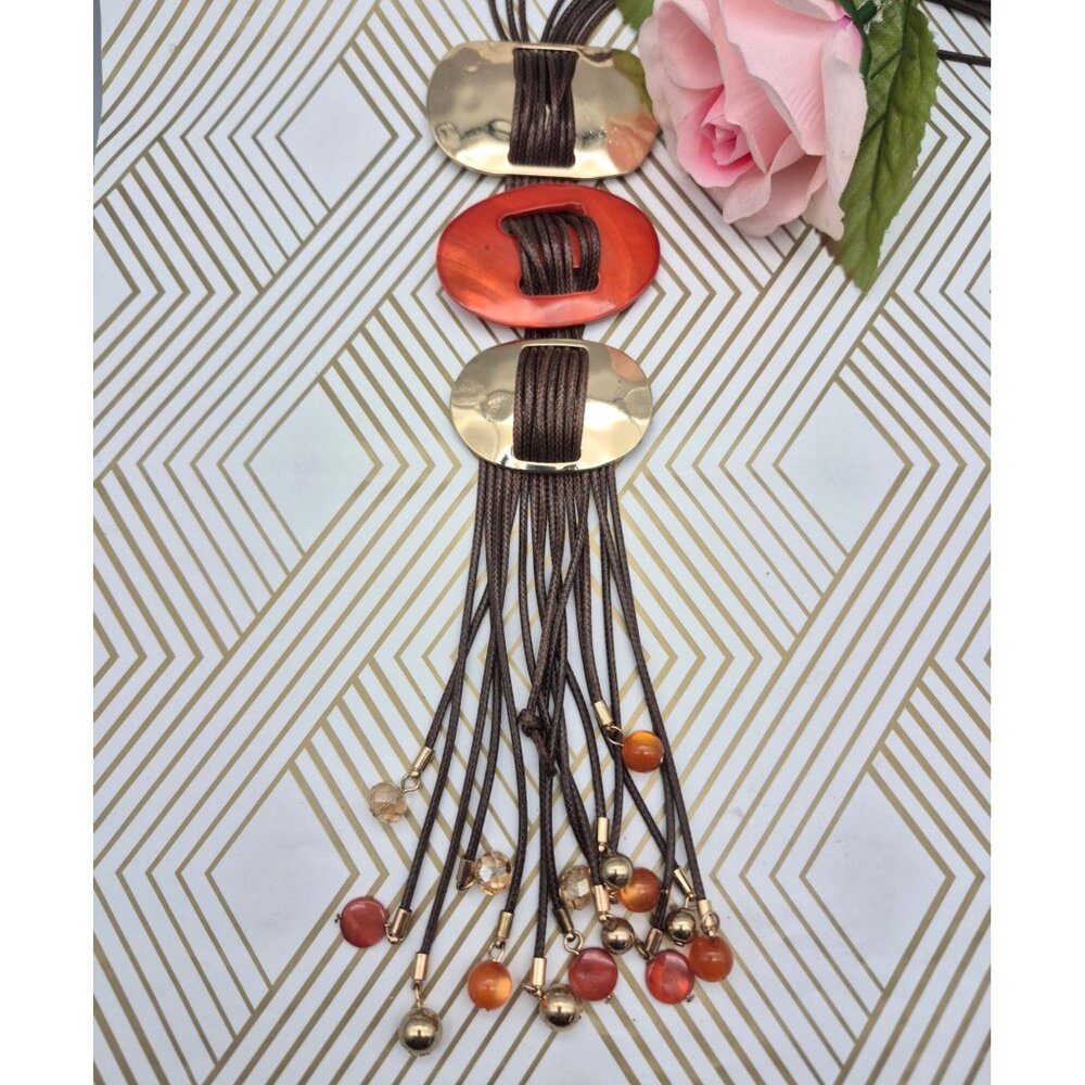 Jules Brown Cord Statement Necklace Gold Tone & Orange with Dangle Beads